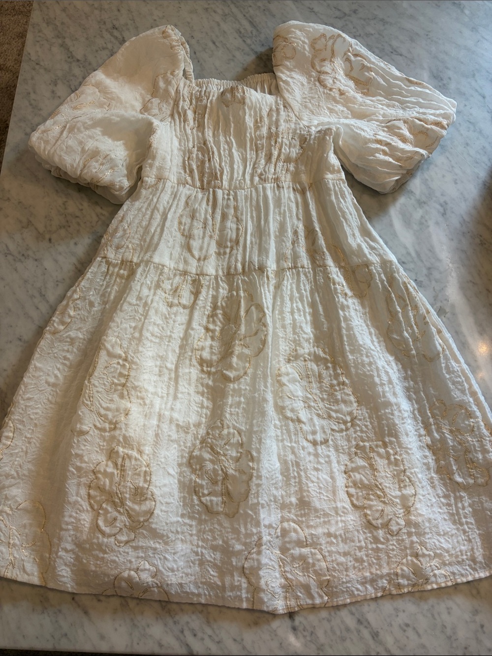 Girls White Puff-Sleeve Embroidered Dress